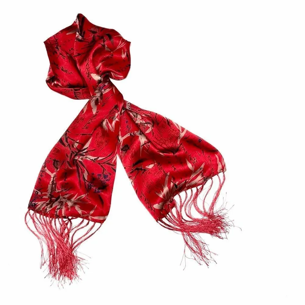 Men's Red Doubled Silk Scarf Hieroglyphs and Floral Bamboo Design Fringed